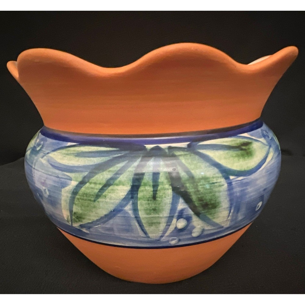 Studio Nova Portugal Ceramic Art Pottery Bowl Floral Blue Green Scalloped Rim